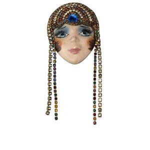 Vintage Rhinestone Face Brooch With Multicolor Stones & Porcelain Features